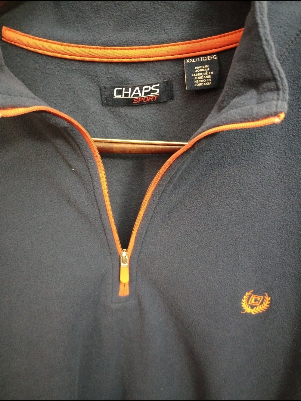 Chaps Men's Navy Zip-Up Fleece with Orange Trim New With Tags - Picture 3 of 4